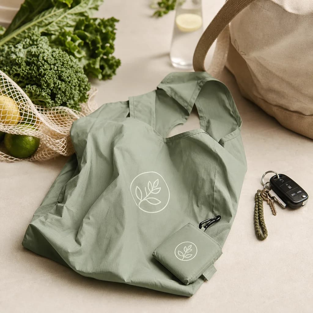 Reusable foldable shopping bag in a lifestyle setting